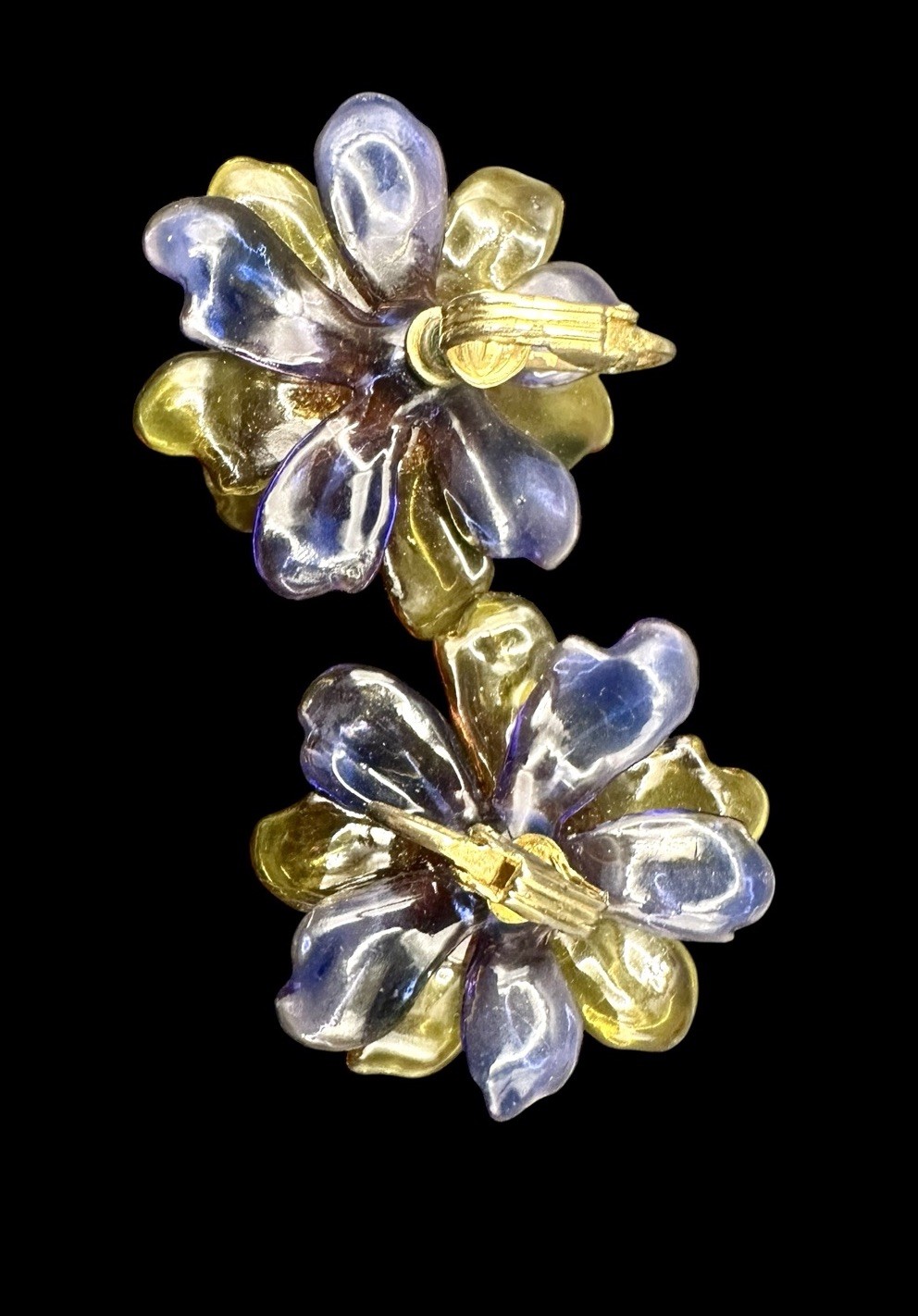 Vtg 1930/40s Cellulose Acetate & Rhinestone Flower Earrings Purple Green/Yellow