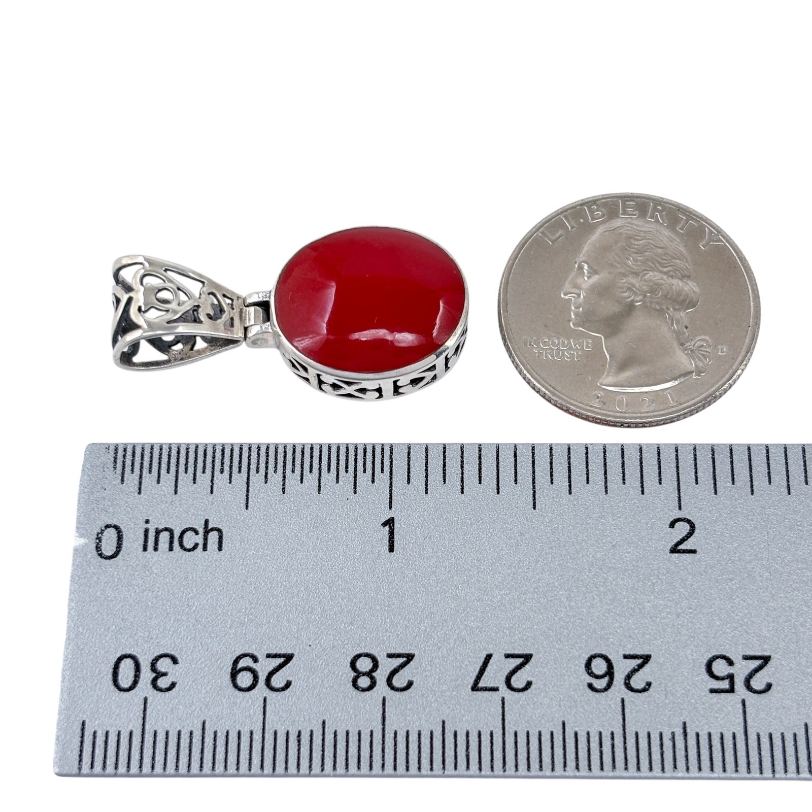 Oval Red Enamel Scroll Hinge Pendant | Vintage Sterling Silver 925