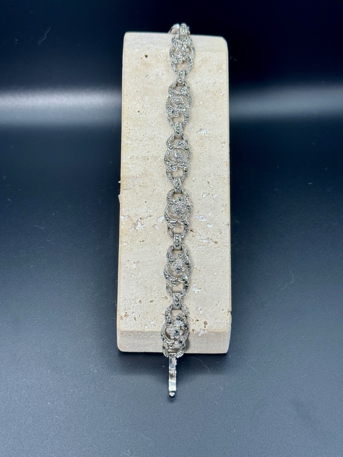 Antique Signed SPHINX Marcasite Link Bracelet Art Deco 1950s Floral Silver Tone