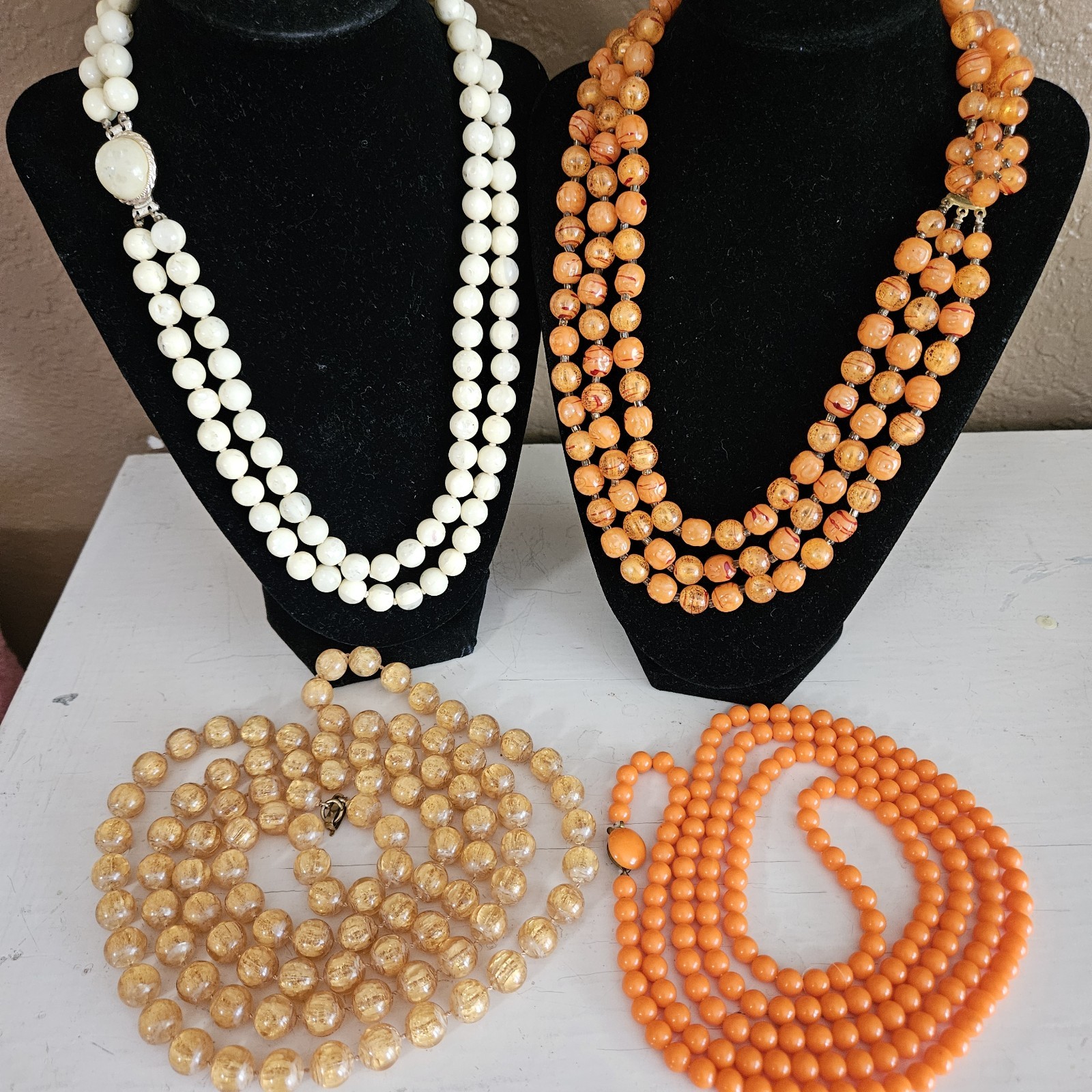Vintage Necklace Lot of 4 1960s Mod, Japan White Confetti, Orange Hong Kong