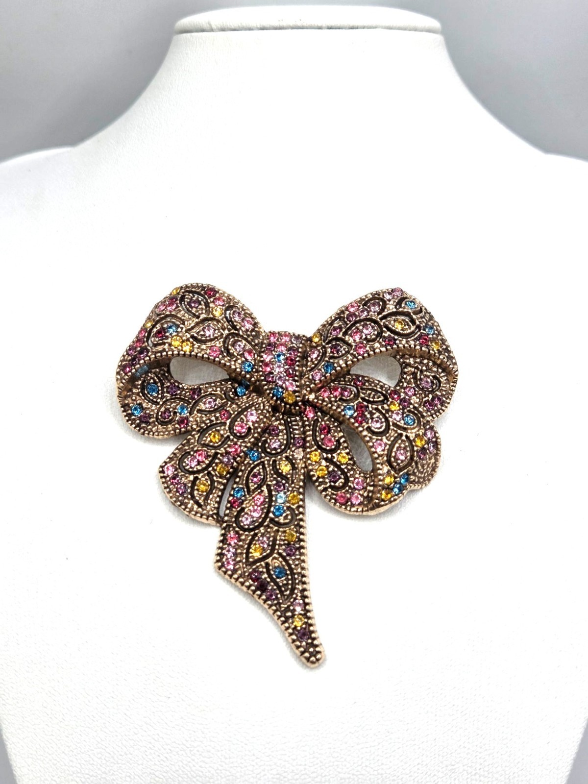 Rhinestone Bow Multicolor Crystal Gold-Tone Finish