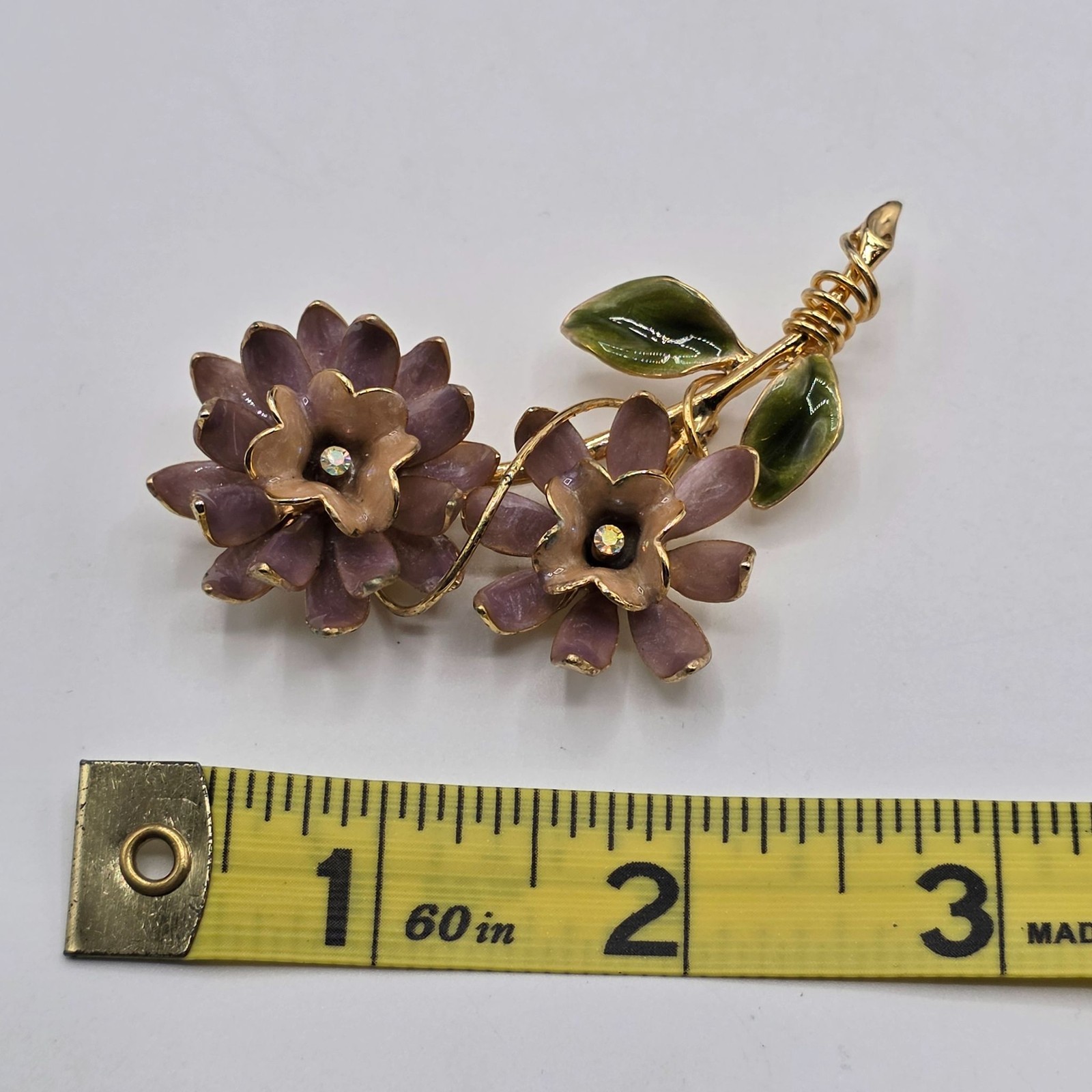 Vintage Enamel Flower Brooch Gold Tone Two Tone Petals Rhinestone Accent Jewelry