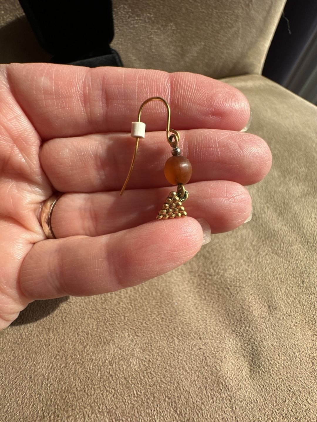 Vintage Style Gold Tone Earrings with Amber-Colored Glass Bead and Grape Cluster