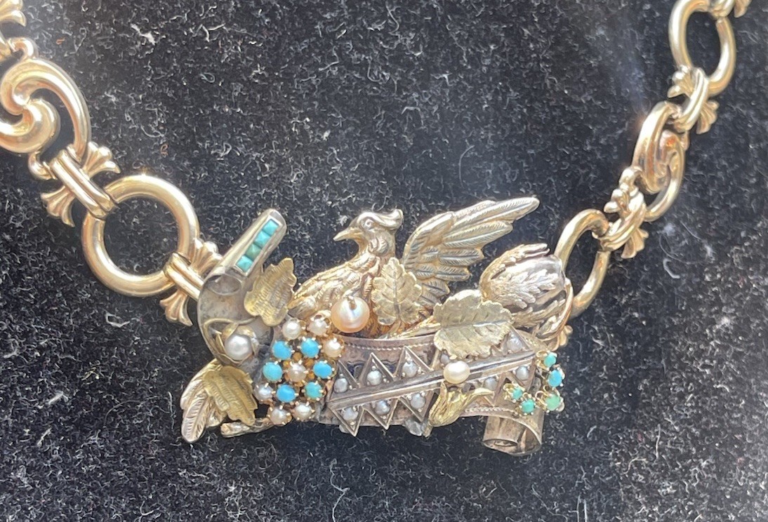 Antique Victorian Sterling Silver Vermeil Bird Turquoise Necklace