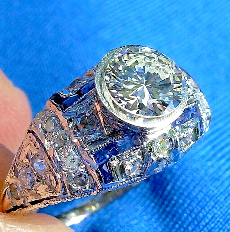 Original EARTH MINED DIAMOND Deco Engagement Ring Platinum Sapphire Solitaire 6
