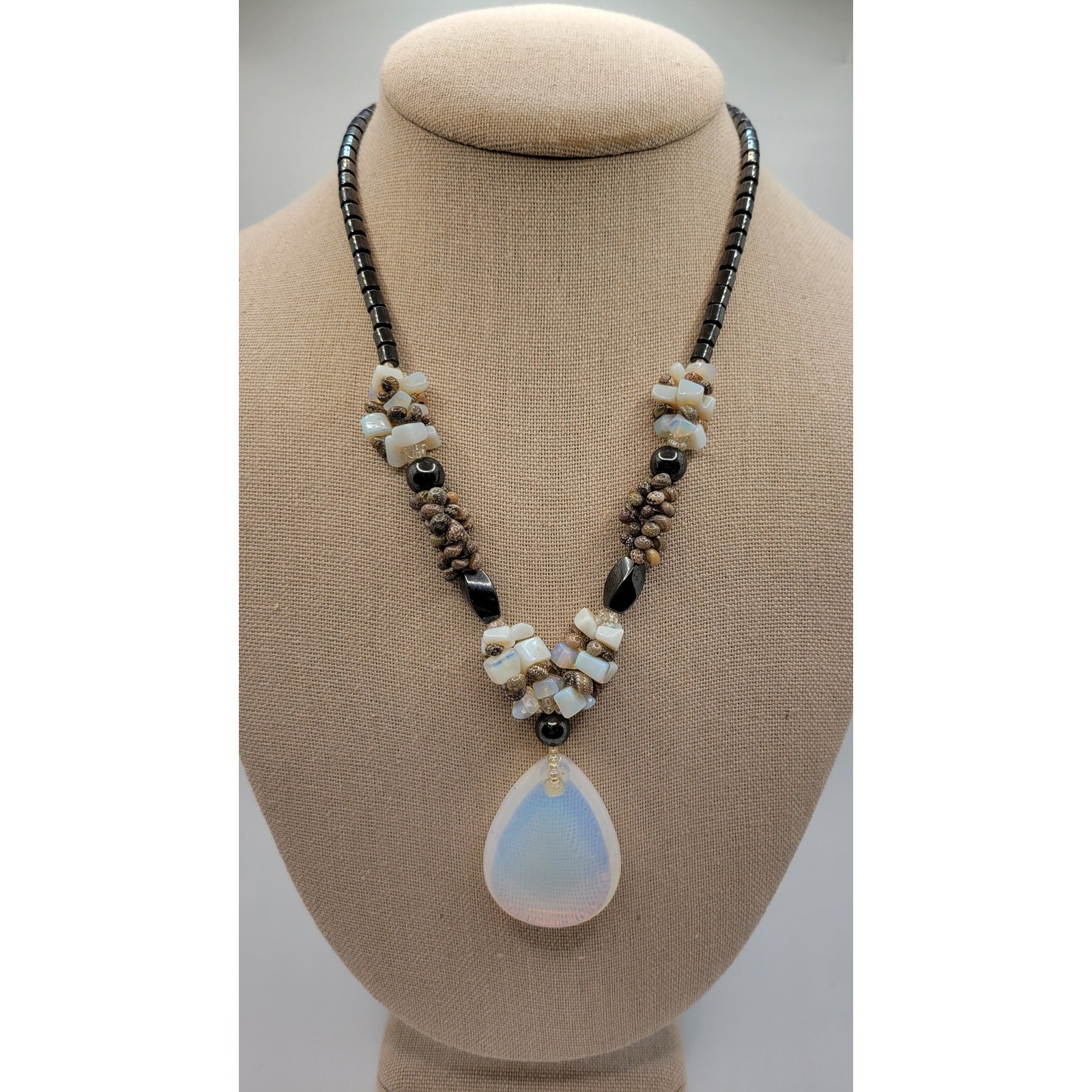 Moonstone Hematite Necklace Faux Opalite Pendant Tiny Shells Seed Bead Vintage
