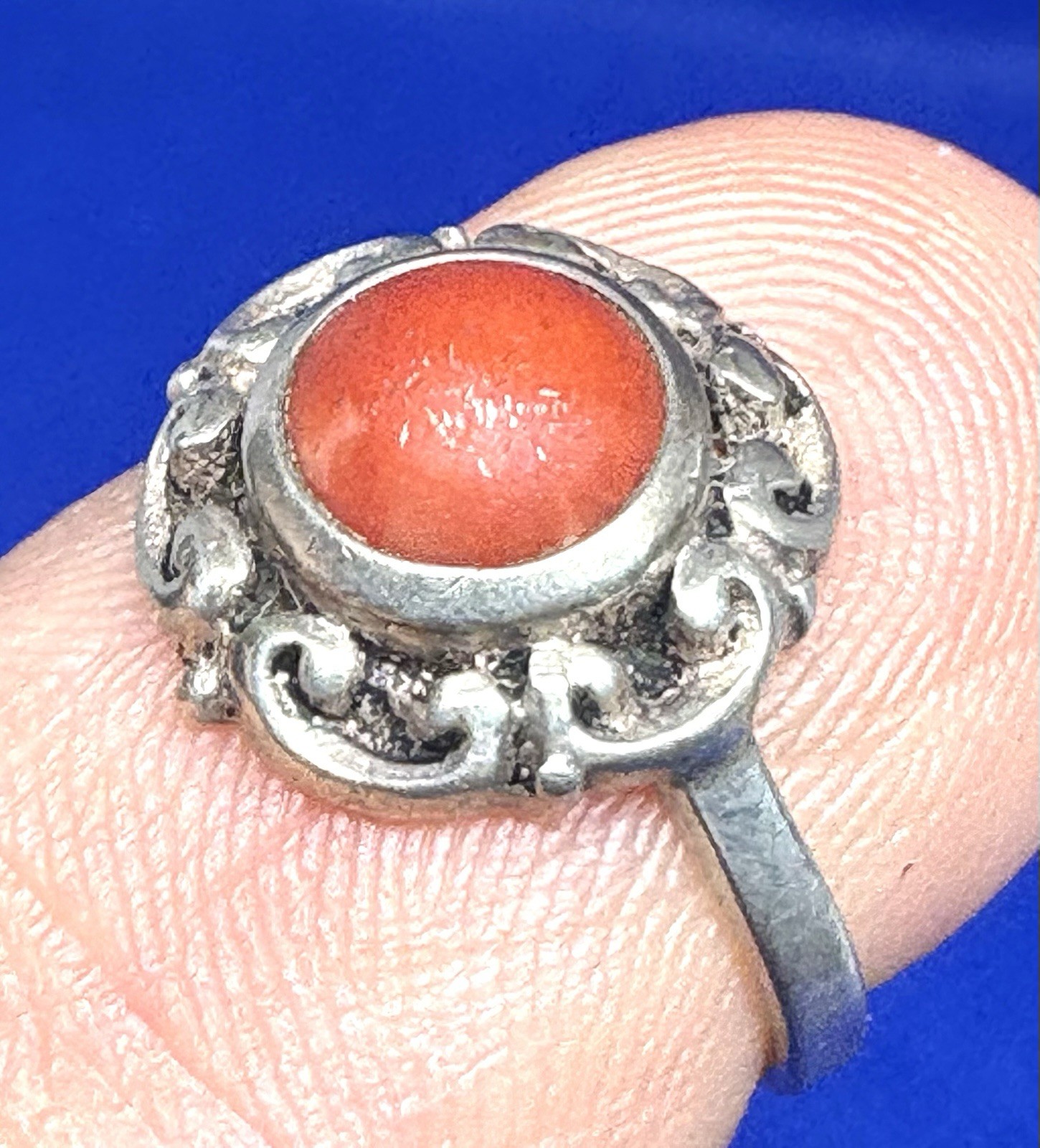A11 Size 2 Christening ANTIQUE Historic 1890s 6mm Red Coral 835 Silver Ring