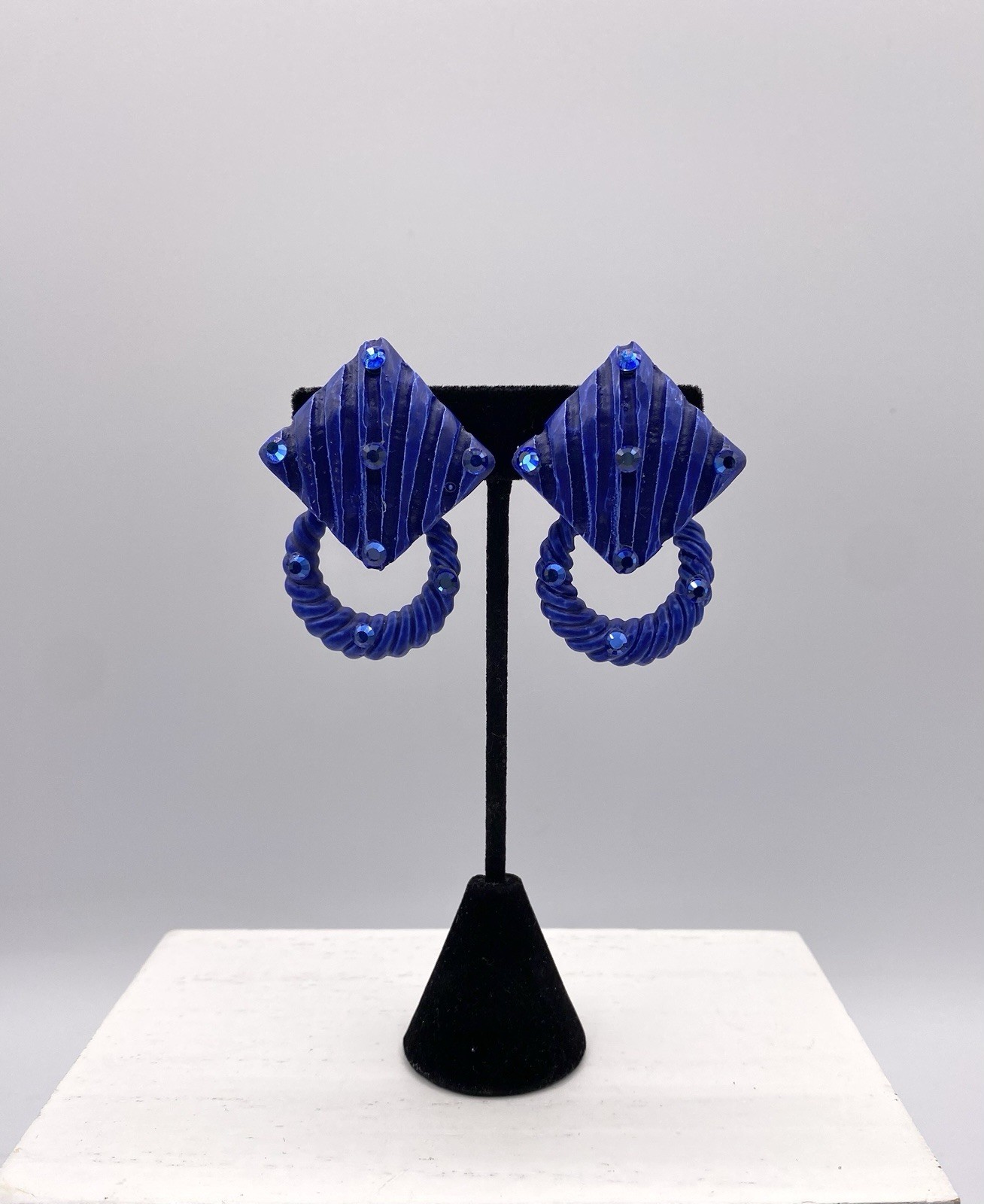 Jeff Lieb Signed Blue Rhinestones Clip On Earrings Squares W/ Detachable Circles