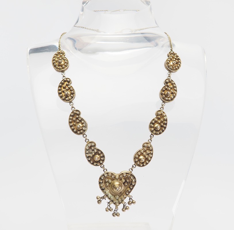 Antique handmade ornate traditional heart gilt silver necklace Middle East