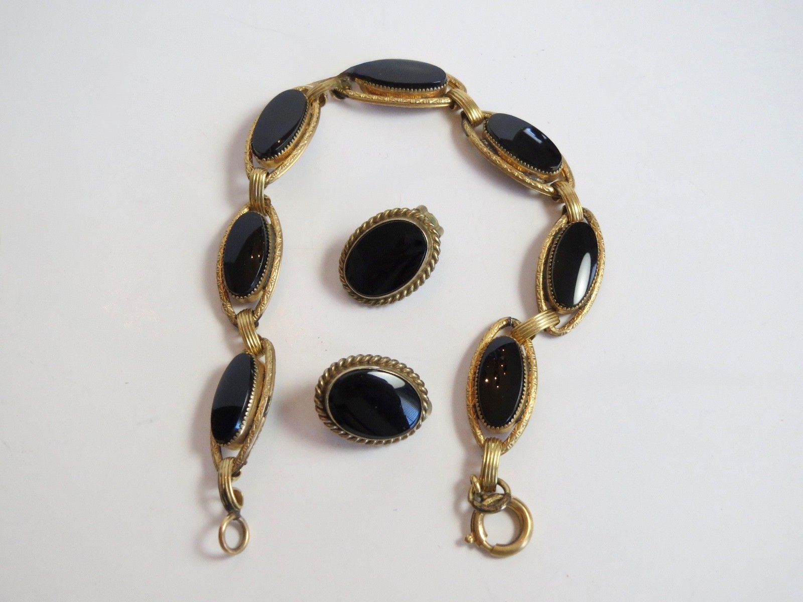 1/20th 12k Yellow Gold Filled BLACK ONYX Oval Link BRACELET & EARRING SET 7.5″