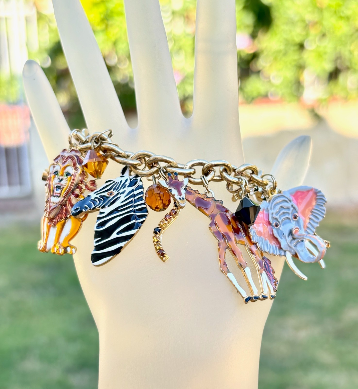LUNCH AT THE RITZ Signed Safari Animals Charm Bracelet Enamel Rhinestones