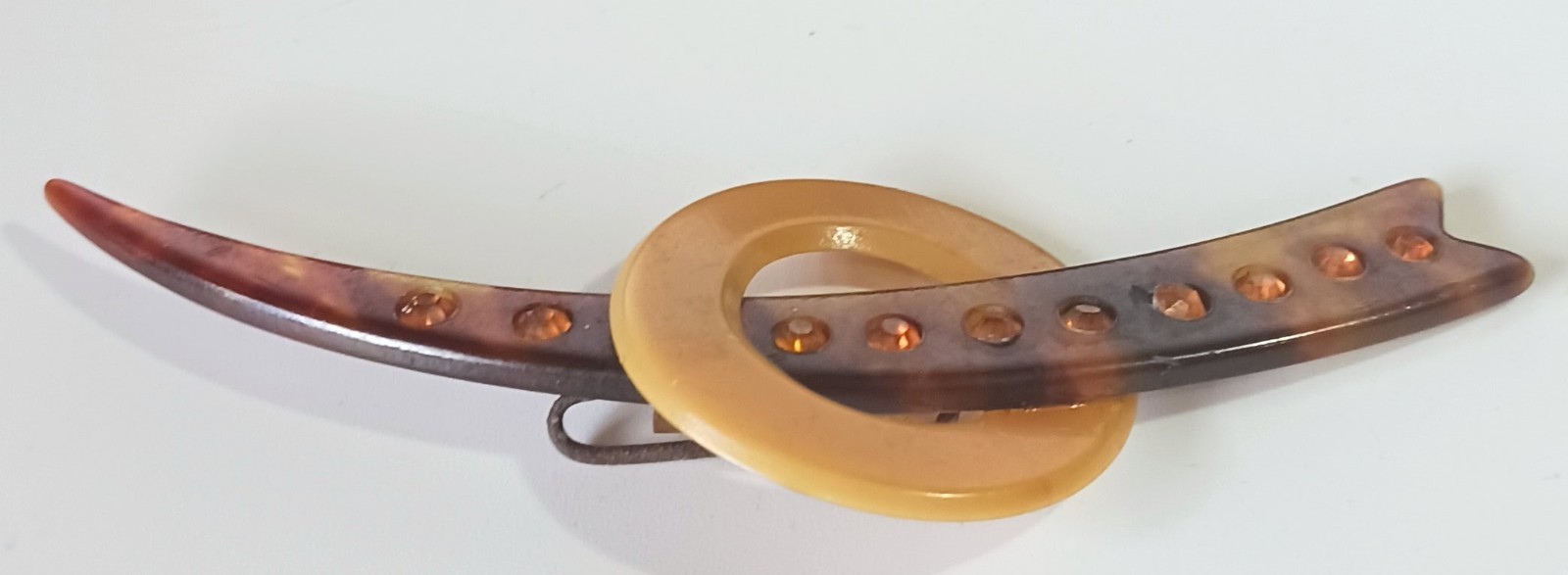 Vtg (Antique?) Art Deco Early Plastic Brooch w/ Unusual Clasp & Rhinestones