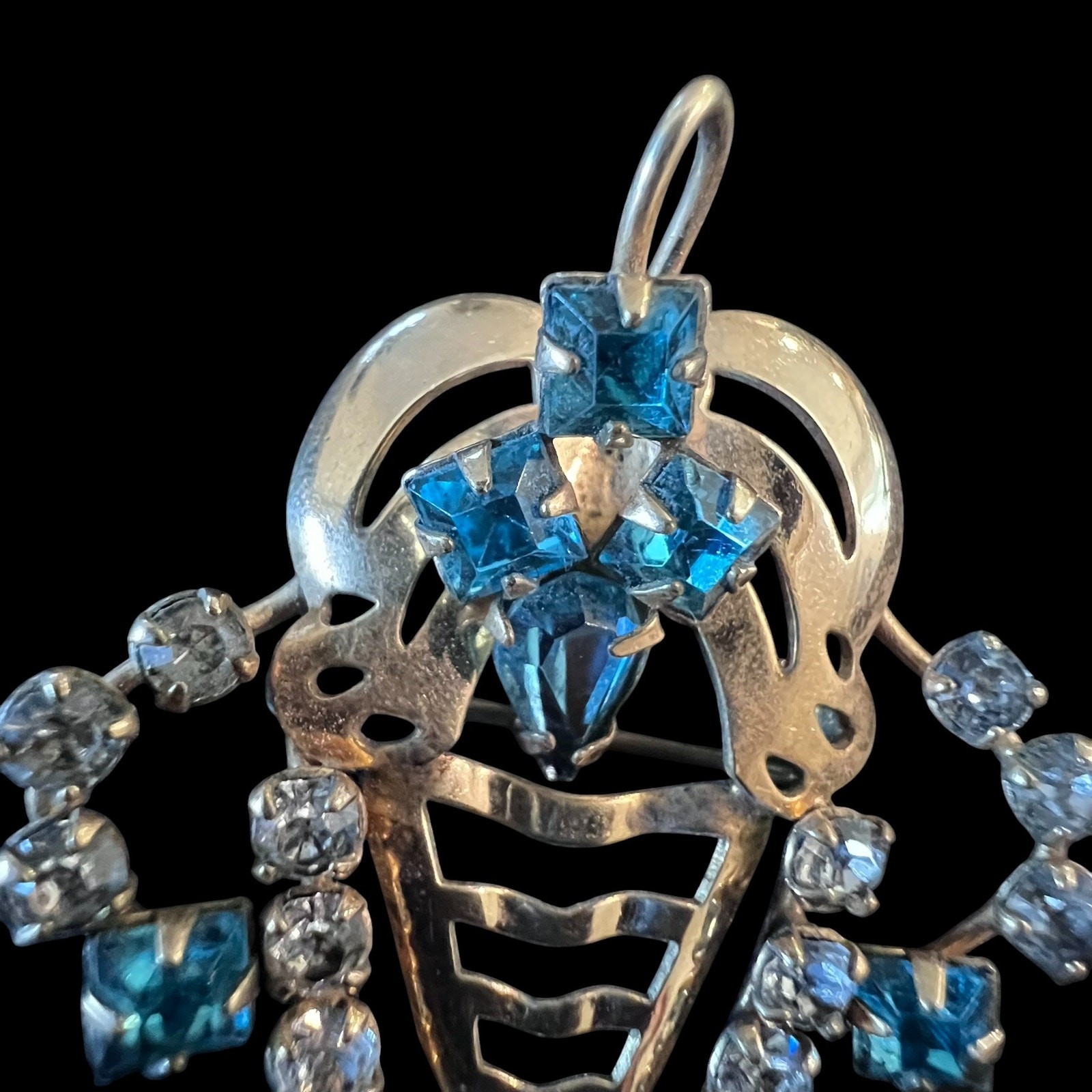Vintage Art Deco Style Brooch Pendant, 1/20th 12k Gold Filled, Blue Rhinestones