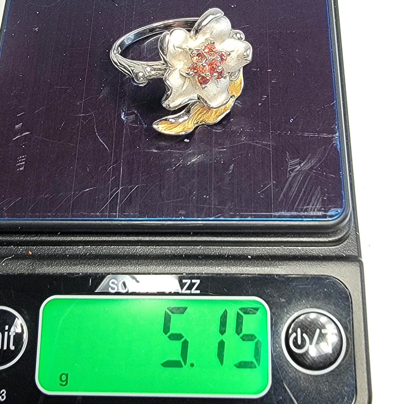Vintage Camelia Garnet Flower Ring, Sterling Silver 925, .75″W, 5.15g, Size 7.75