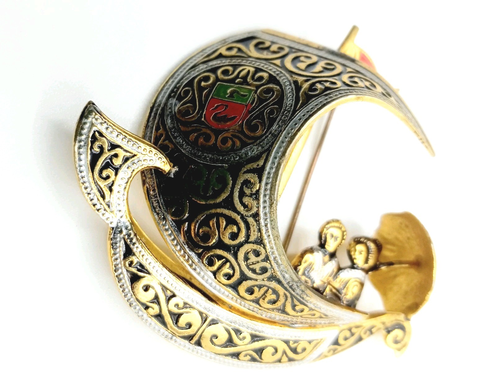 Vintage Gold Tone Damascene Brooch Spanish Ship Signed Spain