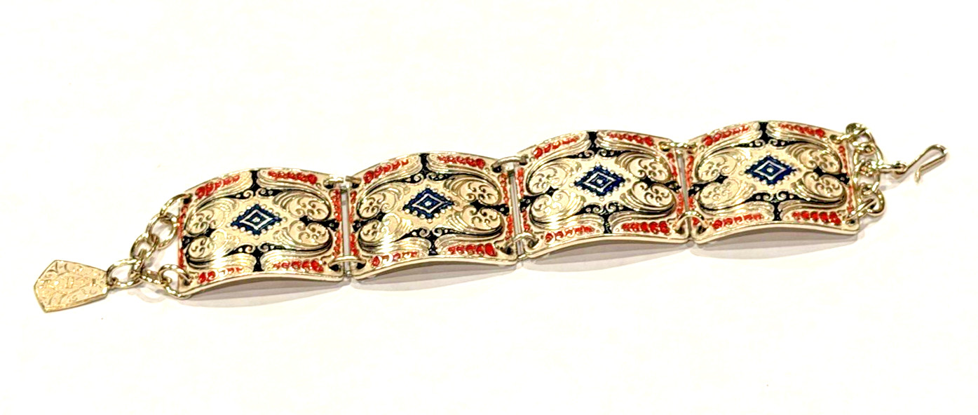 WEST GERMANY RED WHITE BLUE ENAMEL SILVER PANEL LINK 8″ BRACELET VINTAGE EUC