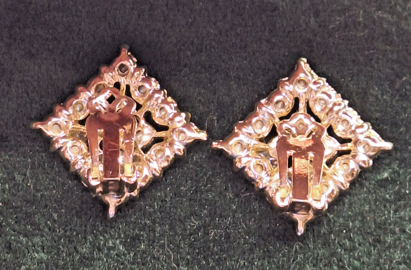 Vintage Art Deco Square Aurora Borealis Crystal Gold-tone Clip Earrings 1950’s