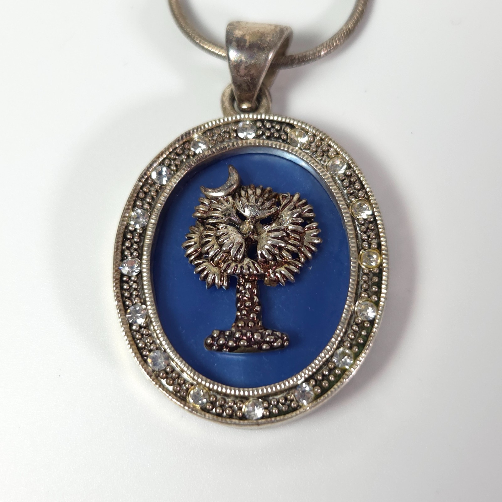 VINTAGE Blue Palm Tree Crescent Moon Pendant Necklace, Estate Jewelry, READ