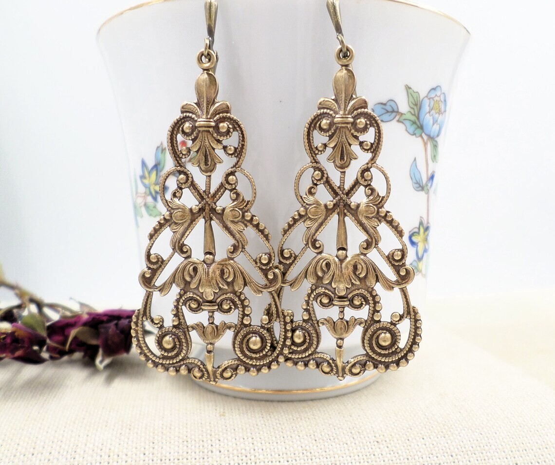 Large Brass Filigree Statement Earrings, Victorian Reproduction Jewelry, Tudor