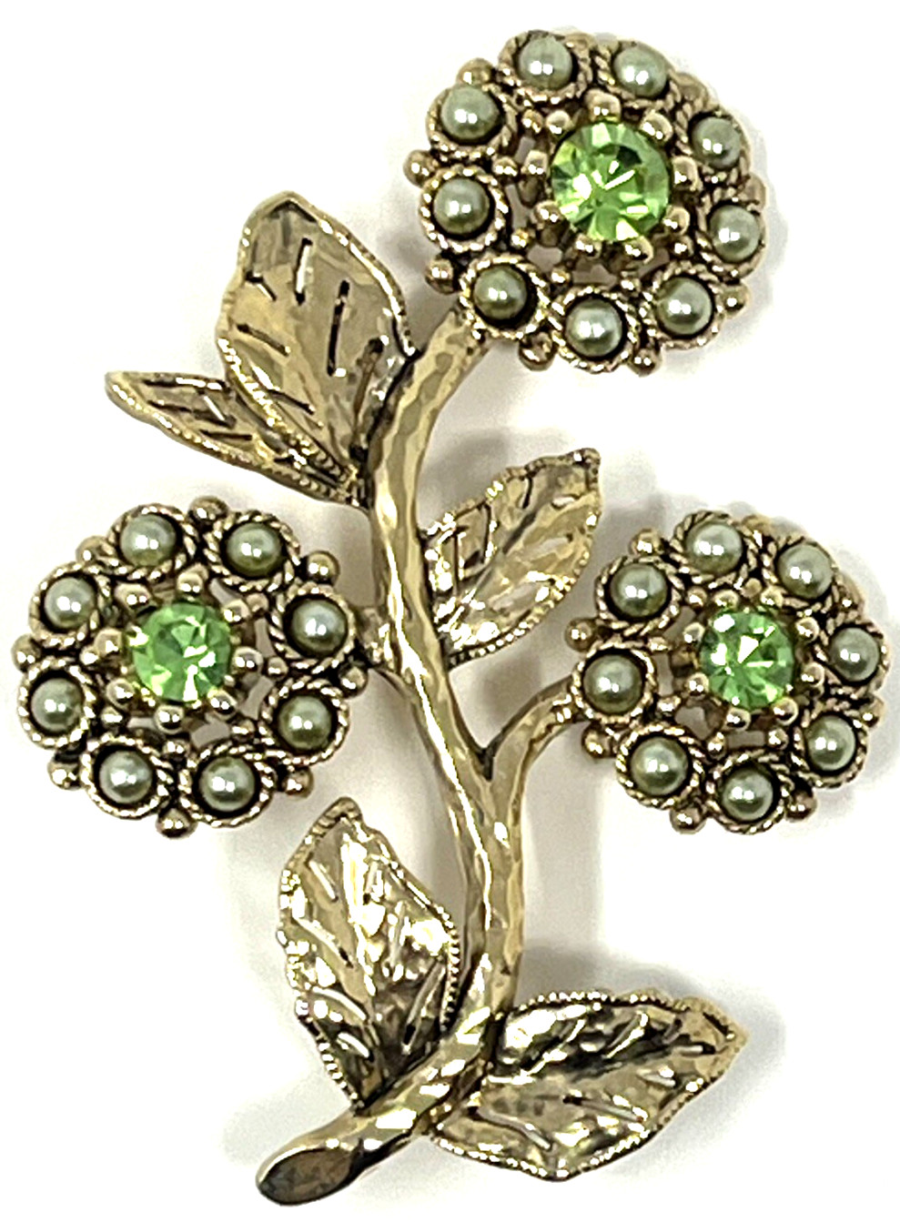 Liz Claiborne Pearl Flower brooch Signed LC Green Rhinestone