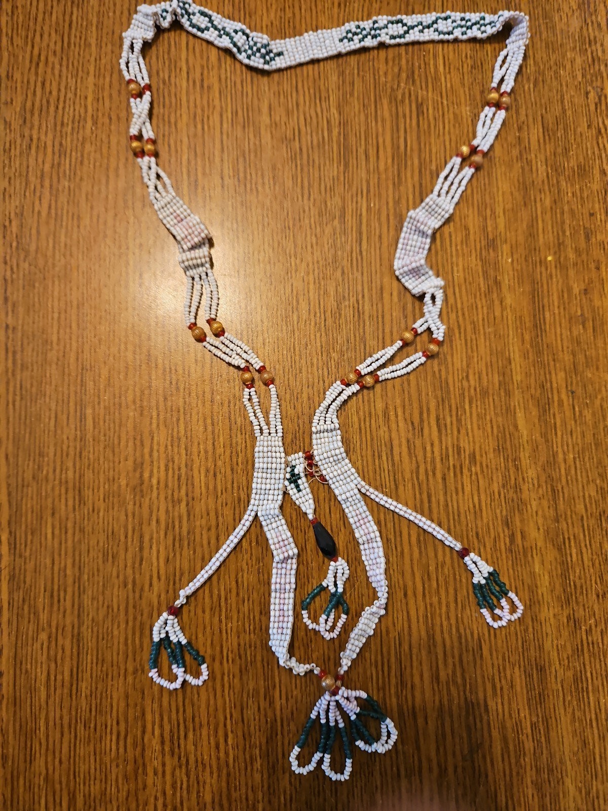 Vintage Multicolor Glass and Stone Bead Necklace Green, White, Red, Gold Beads