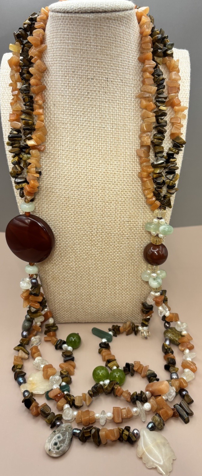 Vintage Natural Gemstone Multi Strand Boho Tigers Eye Carnelian Pearl 28”