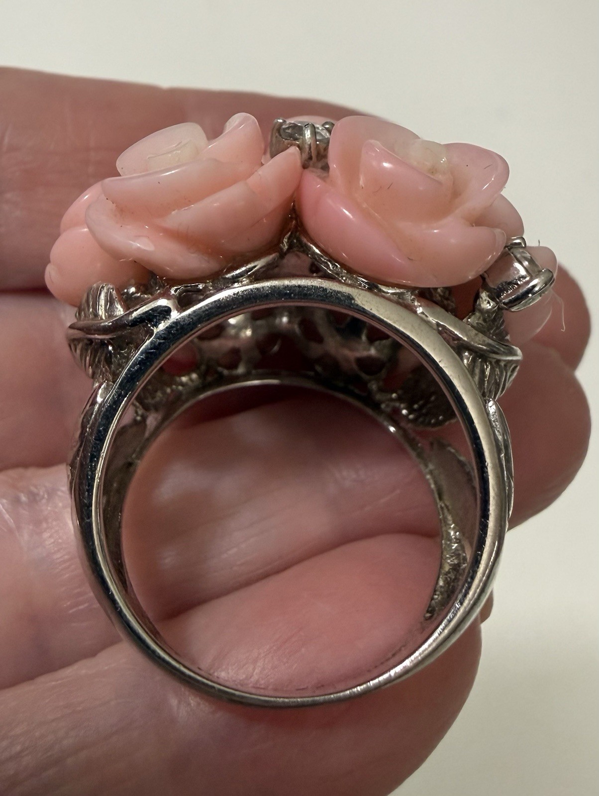 1990s Sterling Silver Angel Skin Coral Roses White Topaz Necklace Ring Sz 9 Set