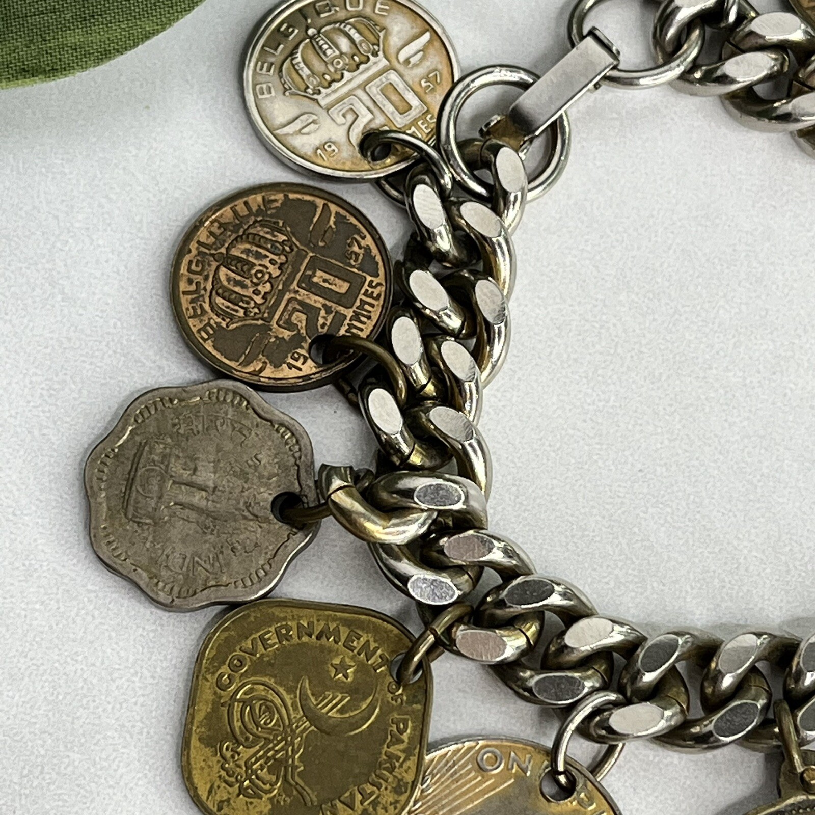 Vintage 13 Coin Charm Bracelet Belgium, India, Pakistan 1957 1959 1955 7”