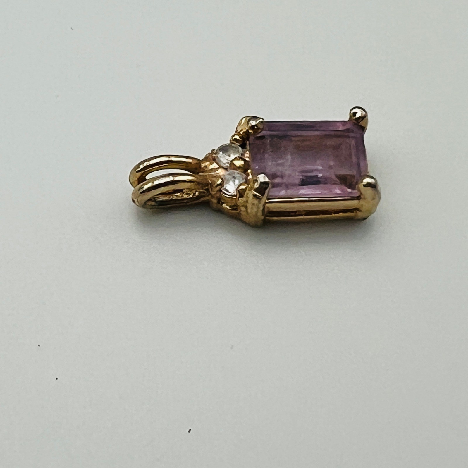 Gold Filled Amethyst Pendant Emerald Cut Purple and Clear Stone Clear Accent