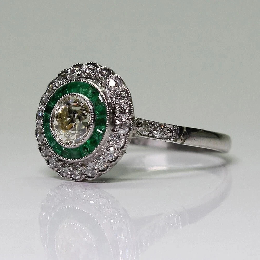 Art Deco Style Lab Created Diamond & Emerald Wadding 14K White Gold Finish Ring