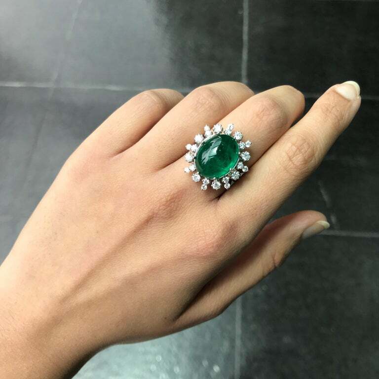 Light Deep Green 13.04 Carat Cabochon Emerald and 1.21CT Round CZ Cocktail Ring
