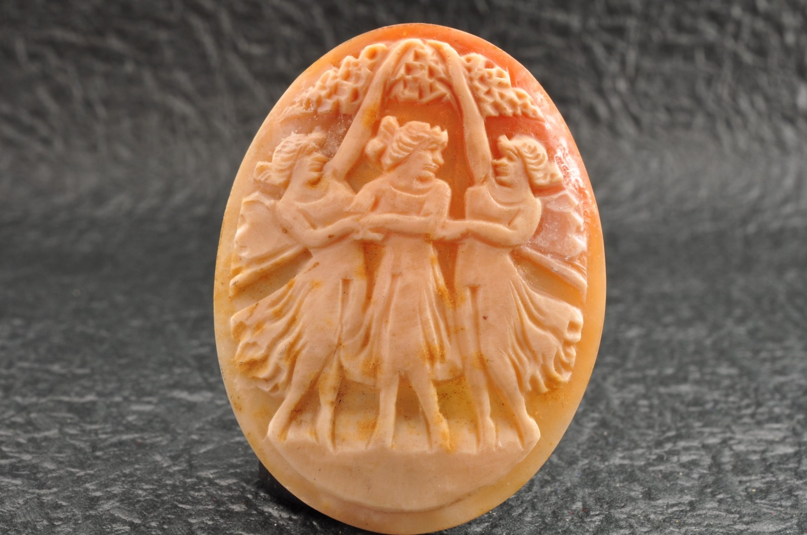 Vintage oval shell cameo, “Dancing Goddesses” (38.5ct) sign by artist with case.