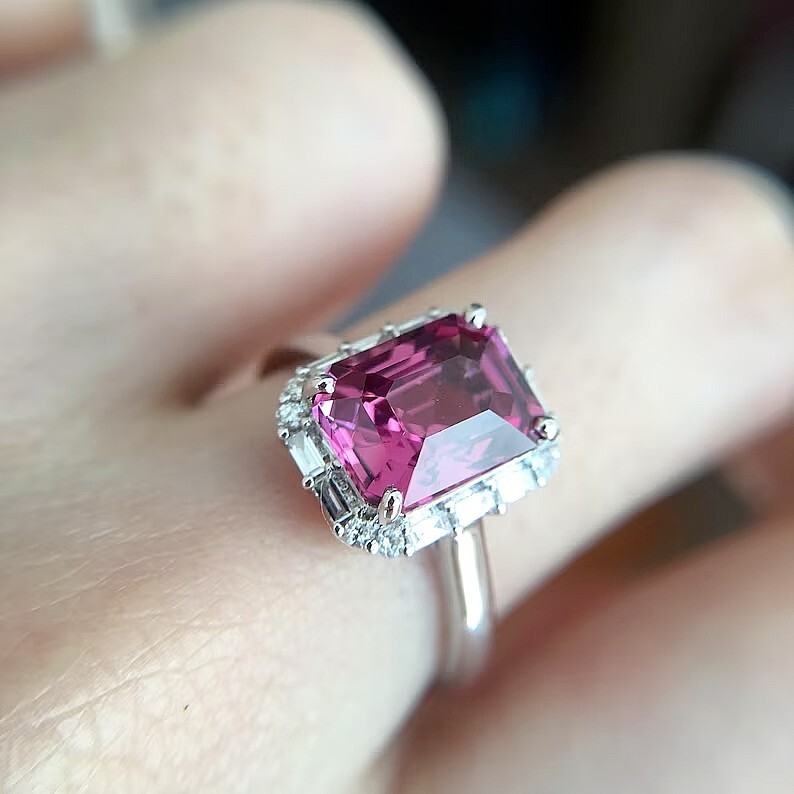 Art Deco Octogen Cut Ruby Lab Created Diamond Wedding 14K White Gold Filled Ring