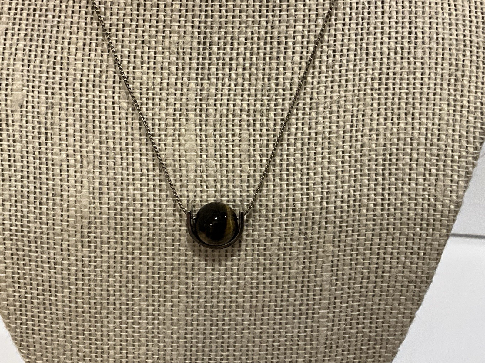 Vintage KL NY Brown Tiger’s Eye Ball Slide Pendant Choker Chain Necklace W