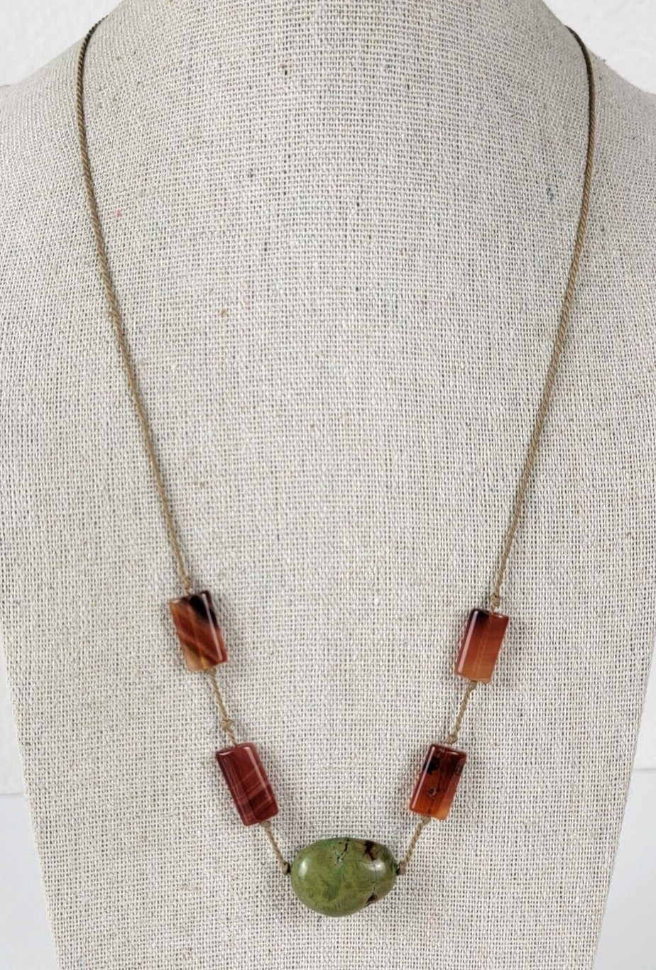 Vintage Green Opal And Carnelian Cord Necklace 21 In Hook Clasp