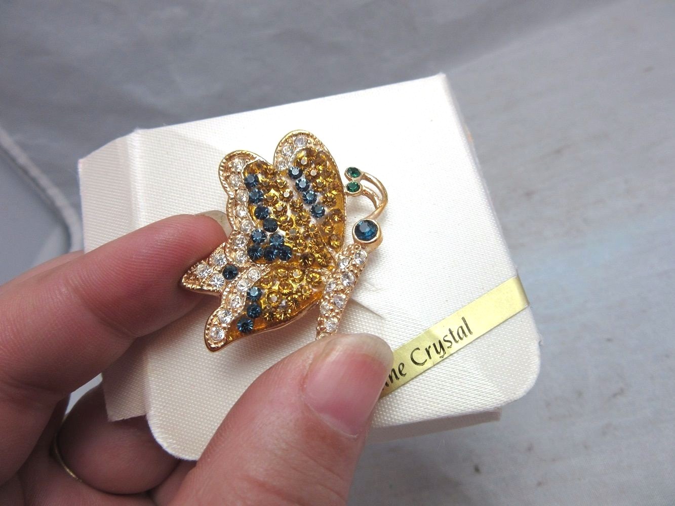 Pave rhinestone butterfly brooch. Blue & yellow