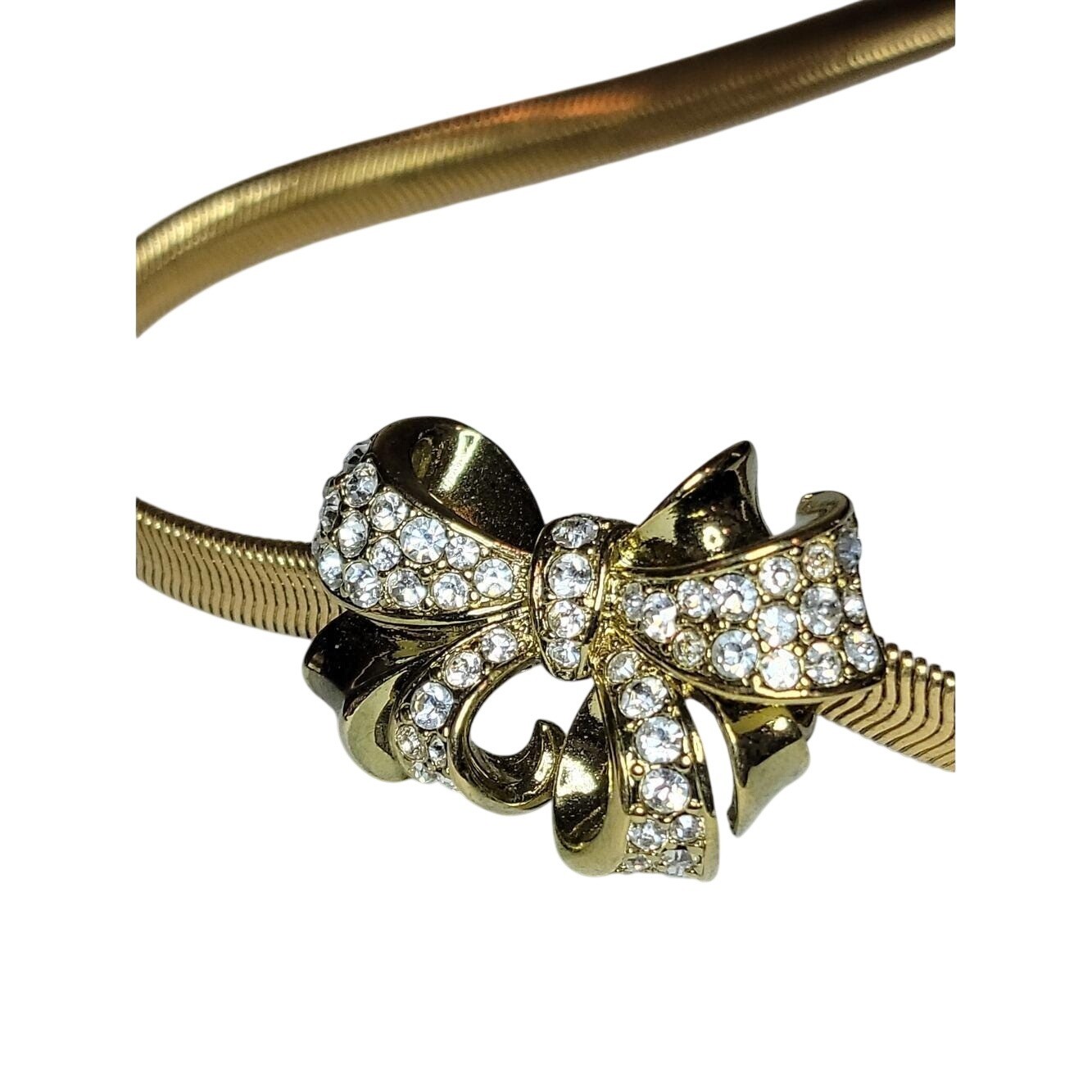 Vintage Nolan Miller Rhinestone Bow Necklace Gold Tone Snake Chain Statement
