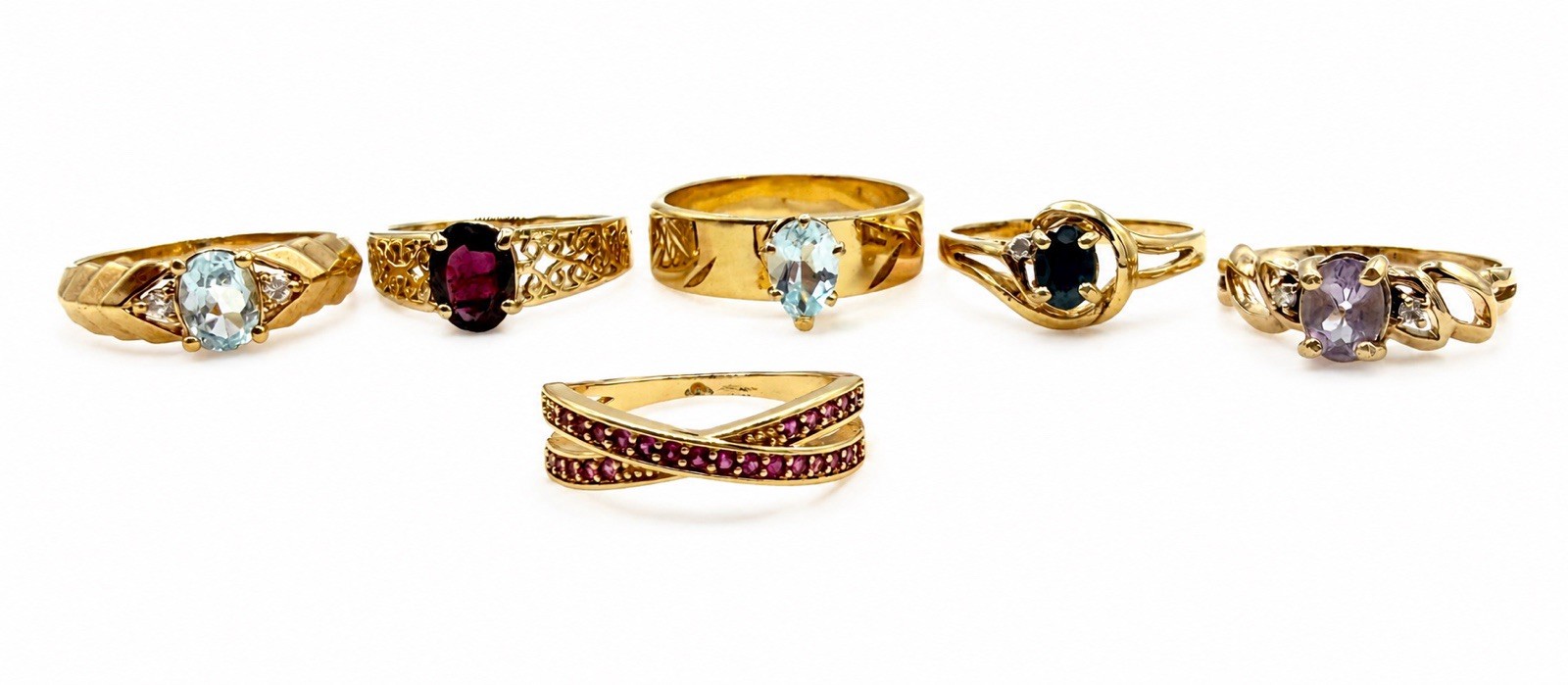 Vtg Gold Plated Genuine Gemstone 6 Ring Lot Topaz Sapphire Ruby Amethyst Garnet