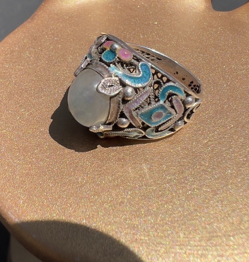 Vintage Chinese Export Sterling Silver Enamel Moonstone Ring Size 8 Marked S925