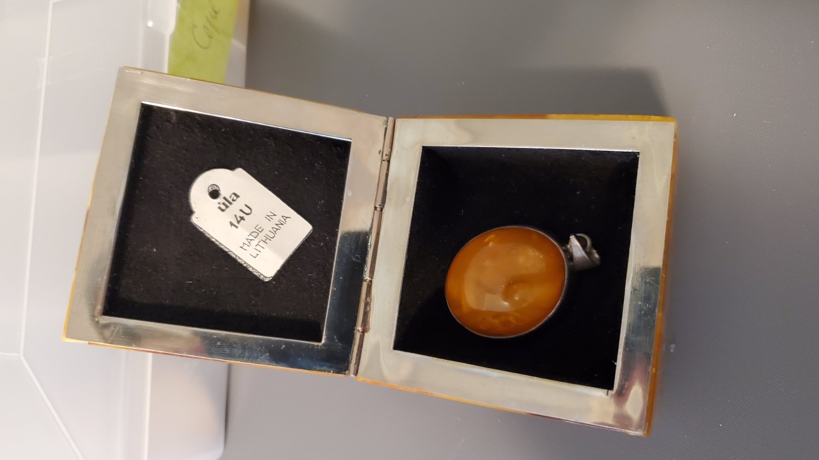 Vintage Lithuania butterscotch amber box and huge sterling pendant set