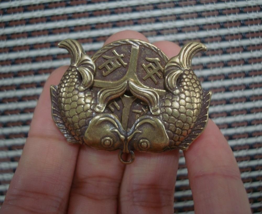 Vintage Style Solid Brass Two Fish Figurine Statue FengShui Pendant Bags Charms