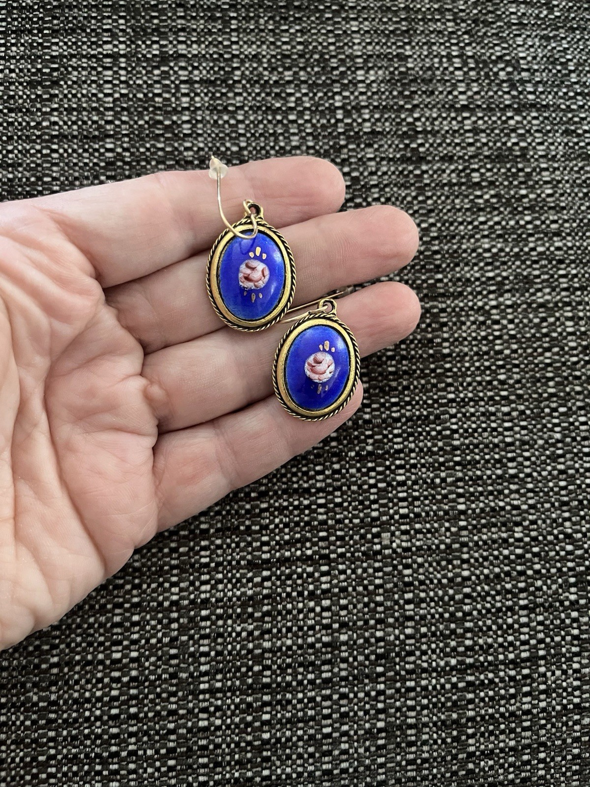 Vintage Enamel Guilloche Blue Pink Rose Earrings Pierced