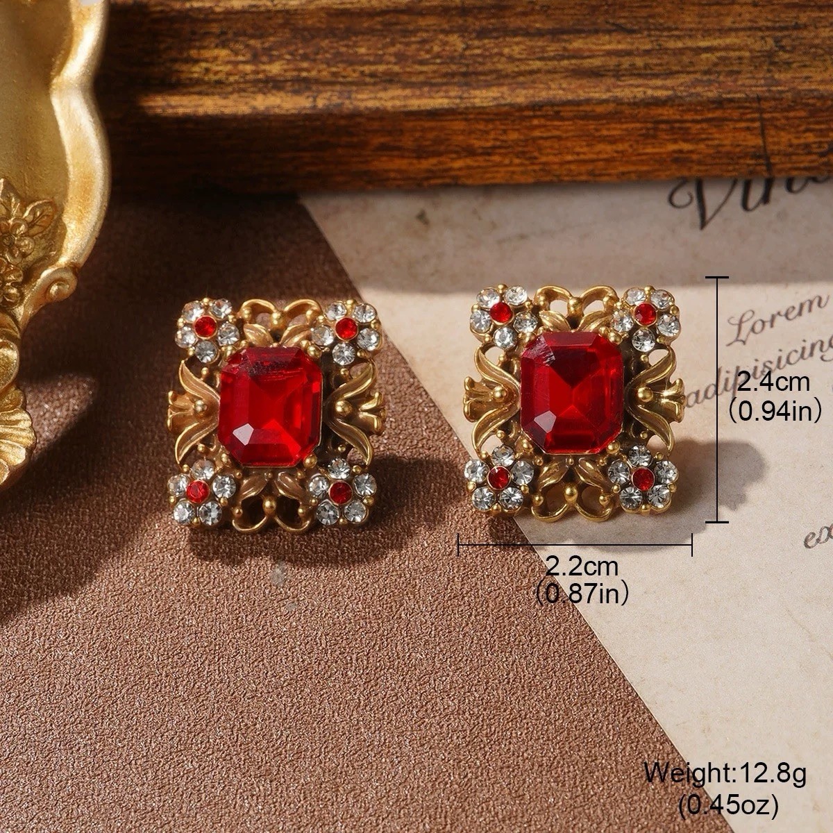Vintage Red Crystal Square Earrings – Baroque Gold Rhinestone Studs Gift for her