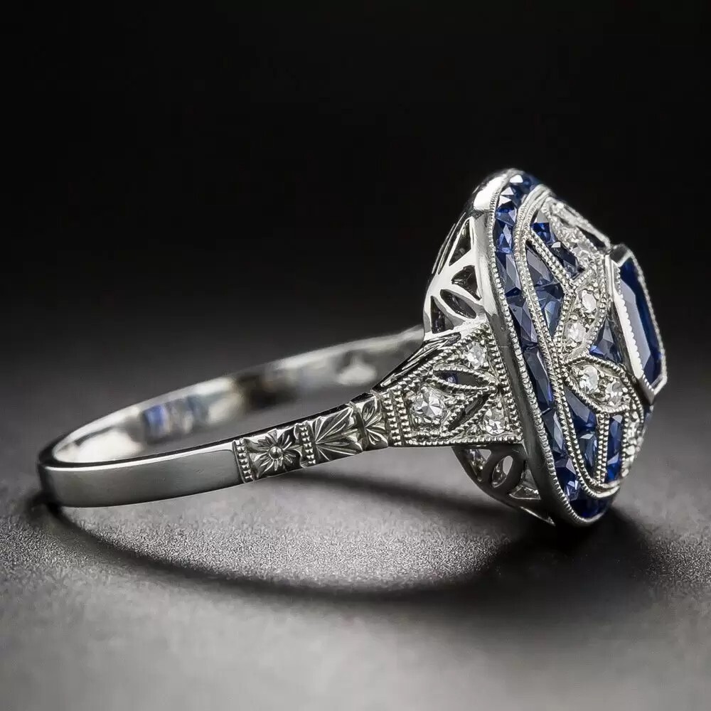 Art Deco Emerald Cut Sapphire & Lab Created Diamond 925 Silver Anniversary Ring