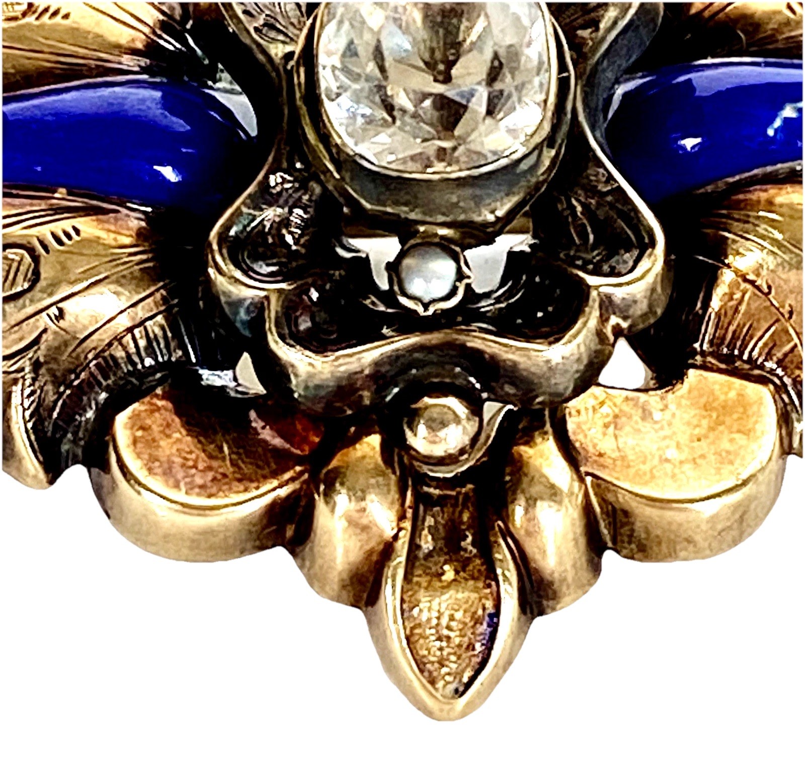 Antique 10K Yellow Gold Blue Enamel, Seed Pearls, Paste Diamond 7.3 grams 1-5/8″
