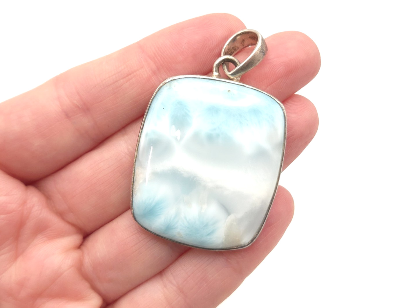 Vintage Sterling Silver Light Blue Larimar Stone Rectangle Square Large Pendant