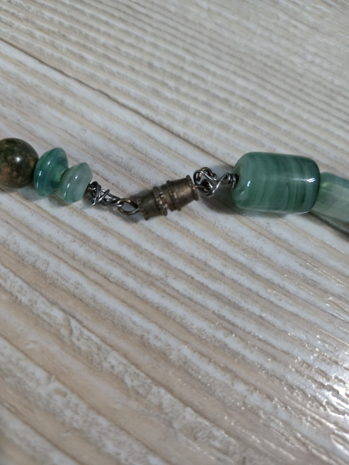 Vintage Boho Beaded Necklace Green Agate, Amber Brown Stone & Shell