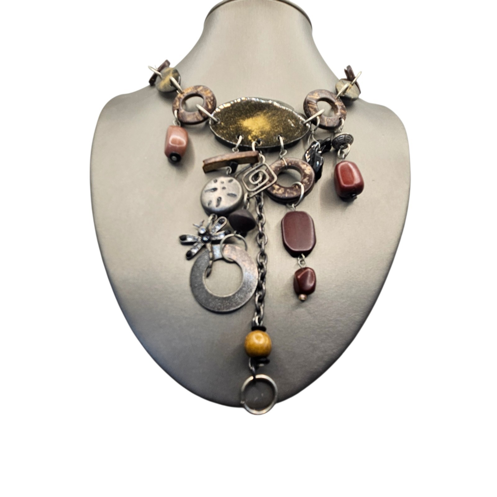 Silver Dragonfly Necklace Runway Boho Chunky Wood Metal Bib Beaded Stone Vintage