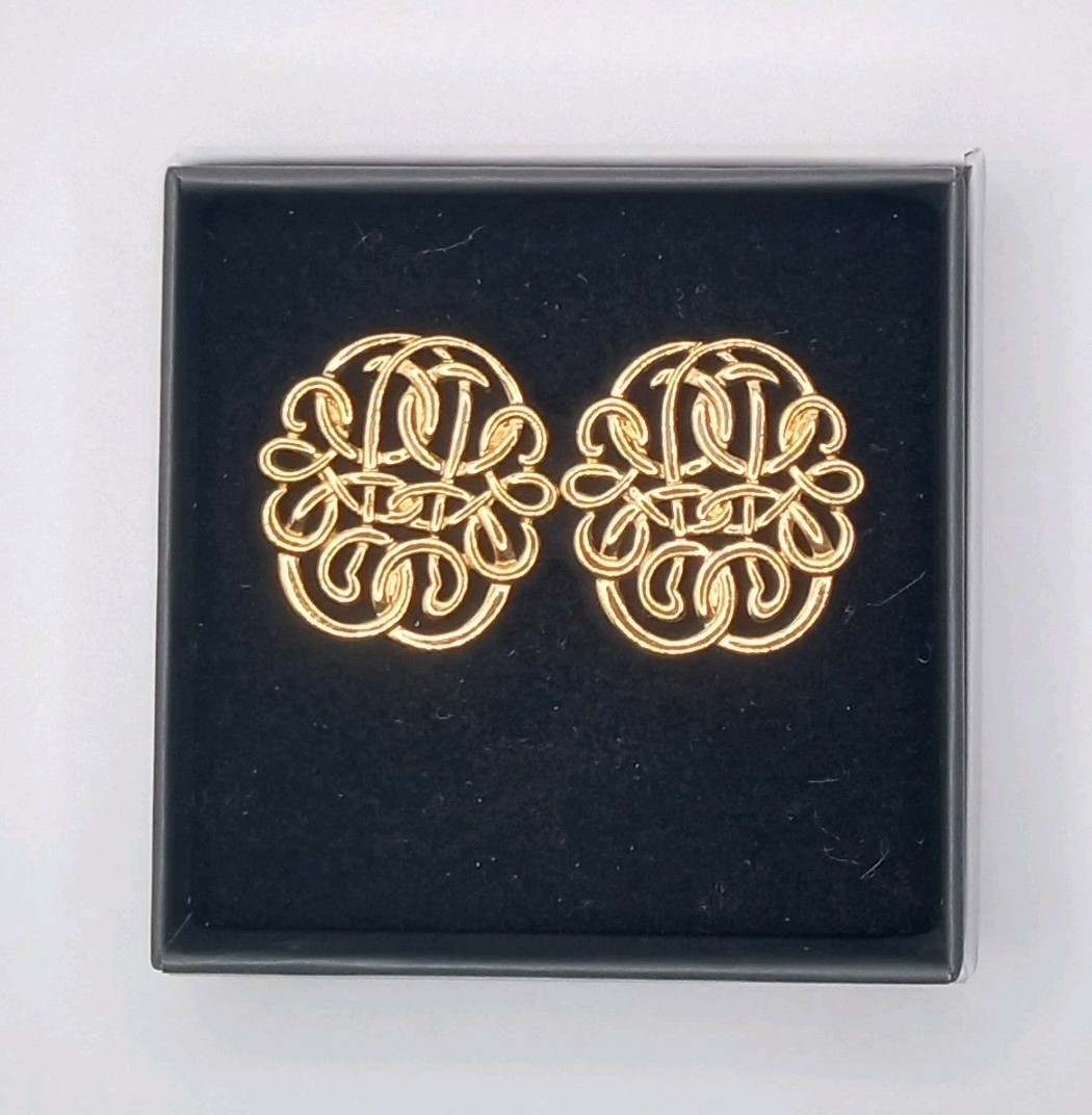 Gold Tone Monogram Jewelry Set, Brooch / Pendant With Pierced Earrings