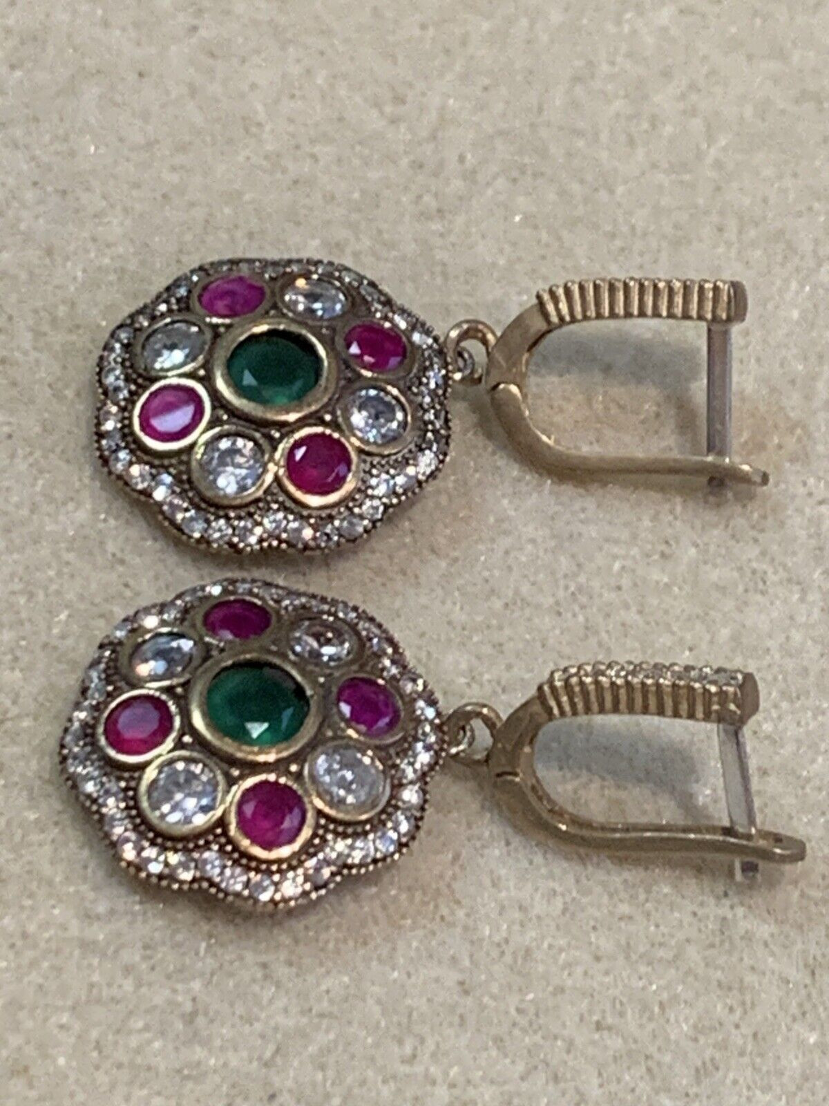 HUGE SALE**ESTATE VTG. EMERALD/RUBY/WHITE ZIRCON OTTOMAN EARRINGS-NEVER WORN